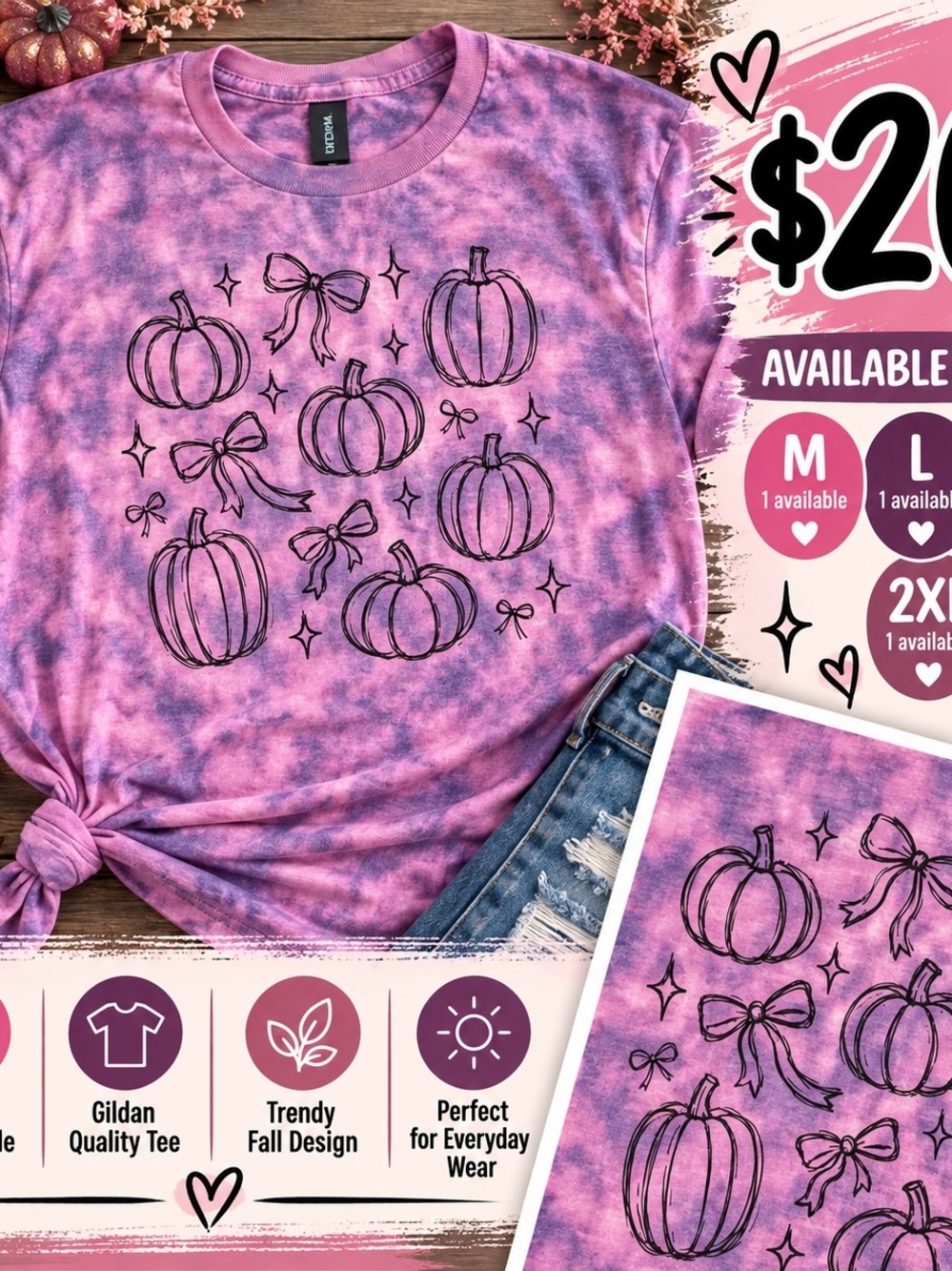 Gildan Purple Pink Tie-Dye Pumpkin & Bows Tee